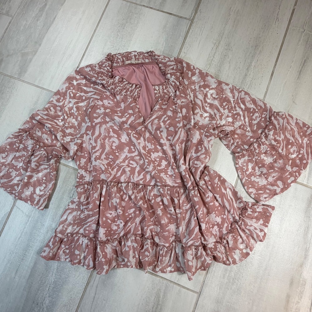 Entro Pink White Abstract Print Smocked Neck Ruffle Babydoll Top T15875 Large